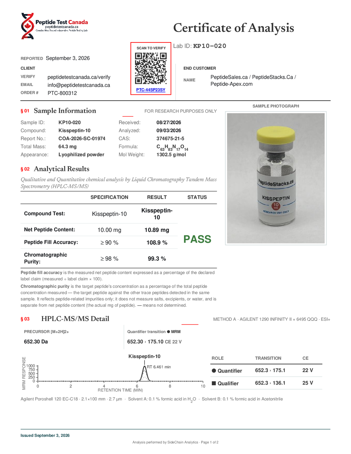 KissPeptin-10 - 10 MG certificate of analysis