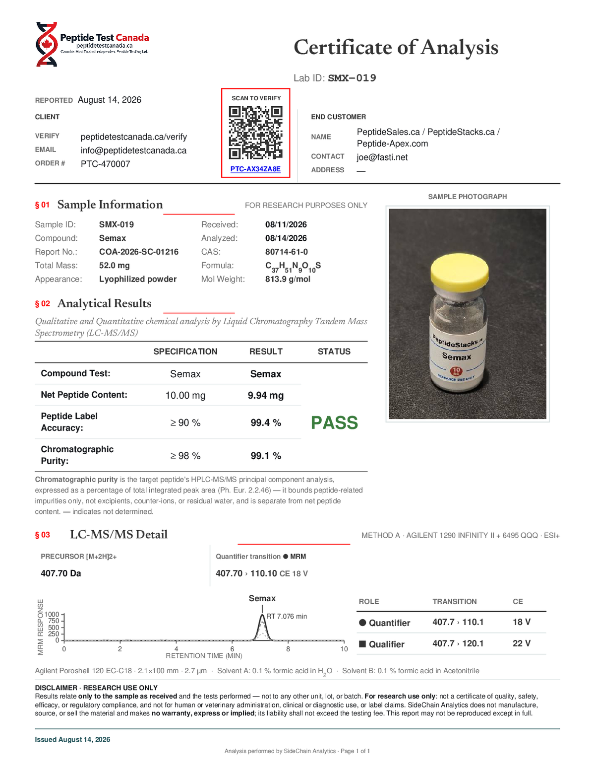 Semax - 10 MG certificate of analysis