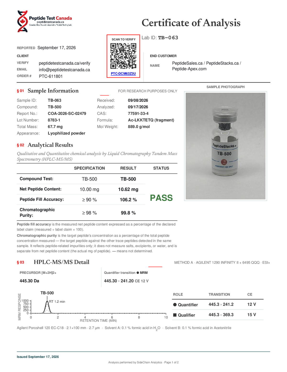 TB-500 - 10 MG certificate of analysis