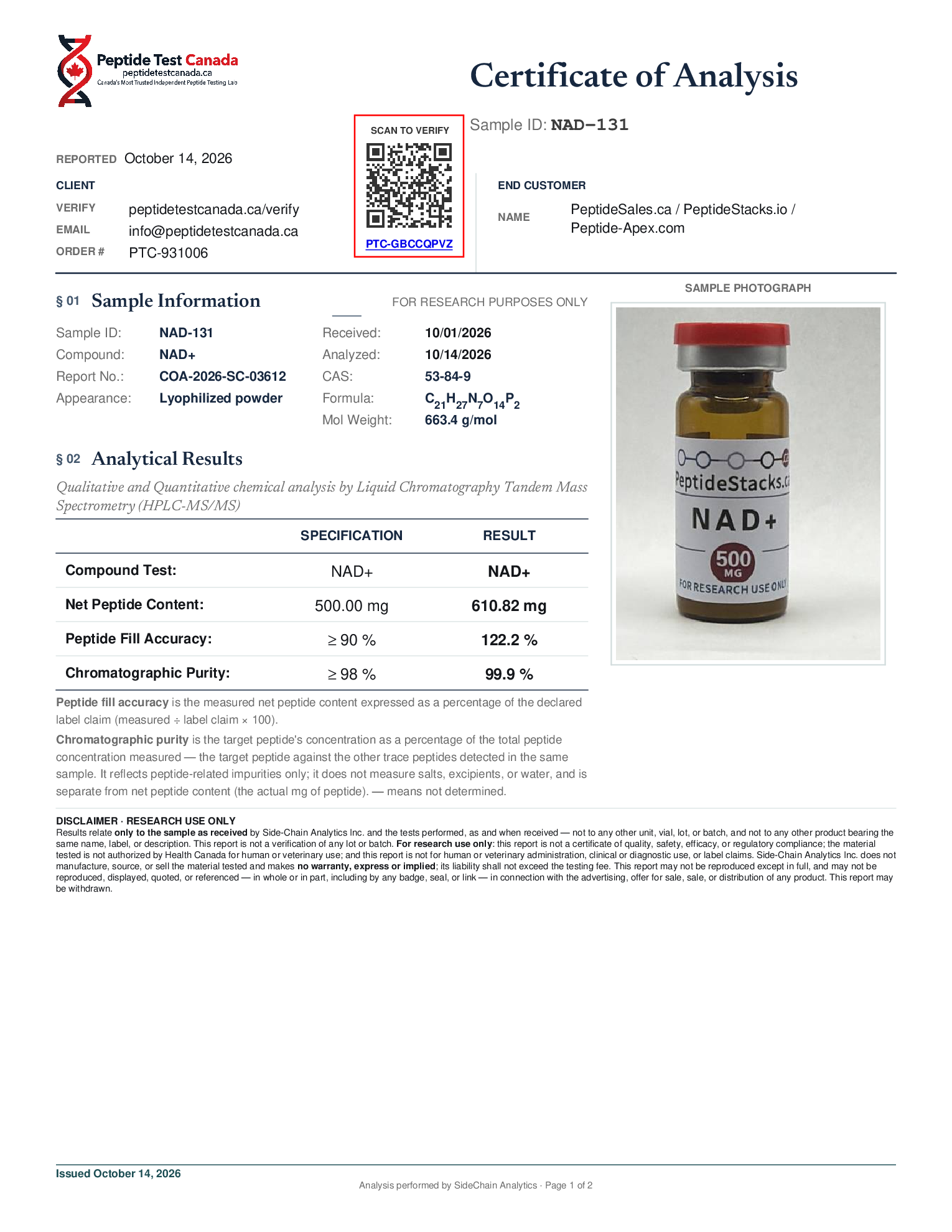 NAD+ - 500 MG certificate of analysis