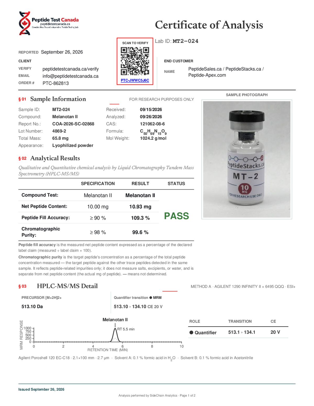 Melanotan II (MT2) - 10 MG certificate of analysis