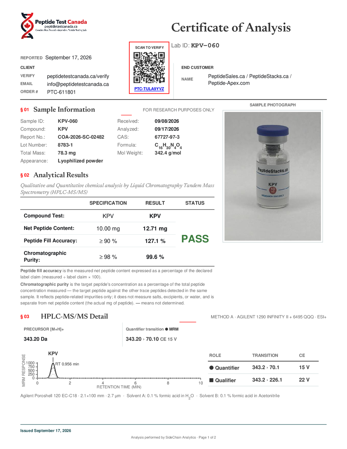 KPV - 10 MG certificate of analysis